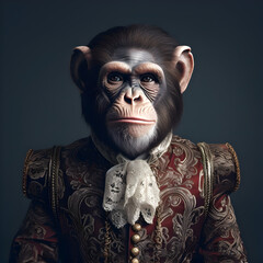 Realistic lifelike ape in renaissance regal medieval noble royal outfits, commercial, editorial advertisement, surreal surrealism. 18th-century historical