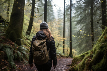 Fototapeta na wymiar Hiking through a dense forest, feeling a deep connection to nature, love 