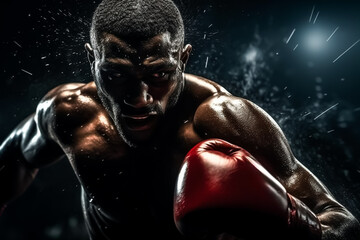 Fototapeta na wymiar Boxer standing in pose and ready to fight. Dark dramatic stadium background. Banner with copy space. Shallow field of view.