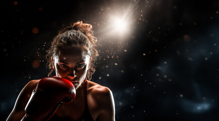 Female Boxer standing in pose and ready to fight. Dark dramatic stadium background. Banner with copy space. Shallow field of view.