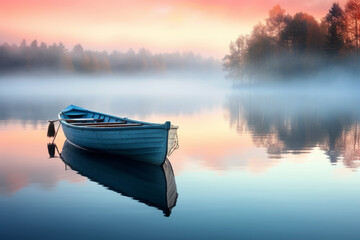 Naklejka premium Admiring a lone boat on a misty morning lake, a moment of serenity, love 