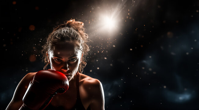 Female Boxer standing in pose and ready to fight. Dark dramatic stadium background. Banner with copy space. Shallow field of view.