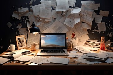 laptop on table with many paper documents at night, AI Generated - obrazy, fototapety, plakaty