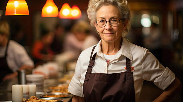 An elderly waitress in a classic uniform stands in a small-town diner, with a nostalgic backdrop of the interior and patrons.