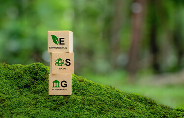 ESG concept of environmental, social and governance.words ESG on a woodblock on beautiful green...