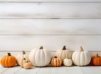 Fototapety  Orange halloween pumpkins on white planks, holiday decoration. Created with Generative AI technology.