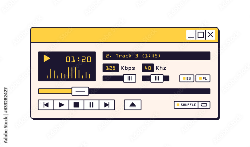 Poster Retro digital music mp3 player, window UI in 90s style. Audio playing software interface. Old nostalgia program with tune track, buttons, sliders. Flat vector illustration isolated on white background