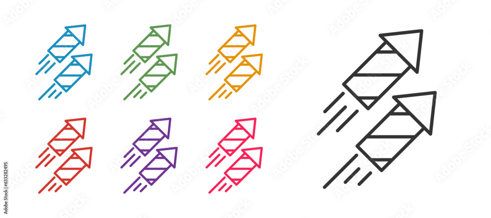 Poster set line firework rocket icon isolated on white background. concept of fun party. explosive pyrotech