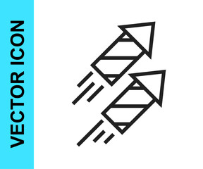 Black line Firework rocket icon isolated on white background. Concept of fun party. Explosive pyrotechnic symbol. Vector