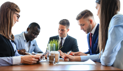 Business team discussing together business plans on a transparent background