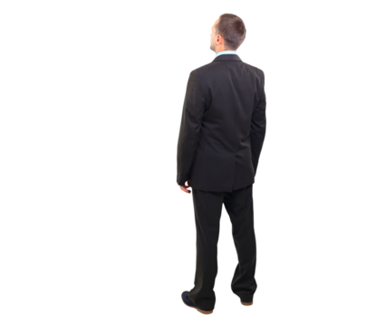 Full length of a handsome business man with hands folded on a transparent background. rear view.