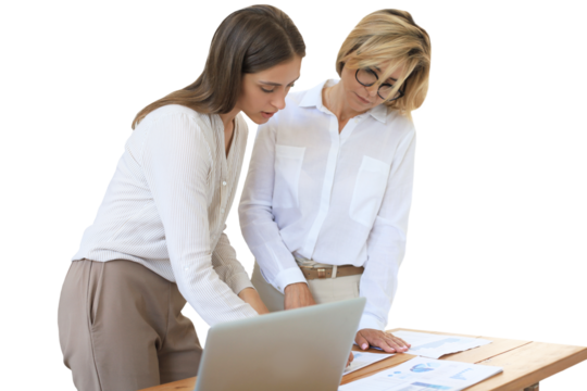 Two female collegues working with laptop and discussing new project on a transparent background