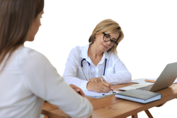 Middle aged female doctor therapist in consultation with patient on a transparent background