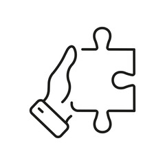 Human Hand Holds Jigsaw Piece Line Icon. Puzzle Game Solution. Success Teamwork Linear Pictogram. Problem Solving, Idea, Strategy Outline Sign. Editable Stroke. Isolated Vector Illustration