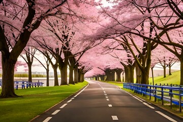 Rows of pink cherry blossom flowers on both sides of the road.
