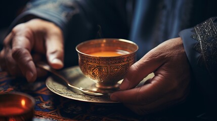 Fototapeta na wymiar Old vintage antique royal dishes and appliances in the hands. Arabian or Turkish traditional tea time.