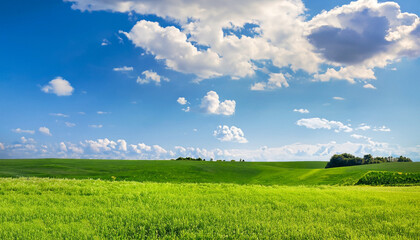 A picturesque summer landscape featuring a lush green grass field stretching under a blue sky with scenic clouds