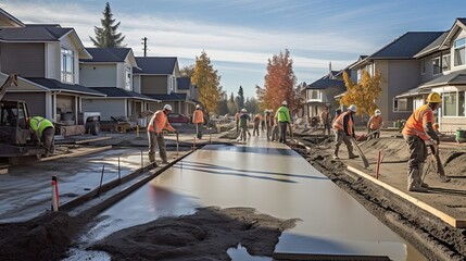 Builders carefully pouring and skillfully finishing a concrete sidewalk for a new project, showcasing their craftsmanship. Generated by AI.