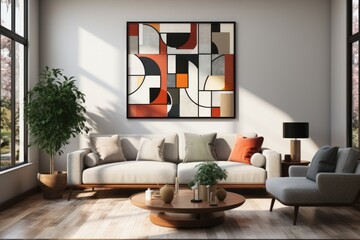 Mid-century style interior design of home with modern retro art on the wall