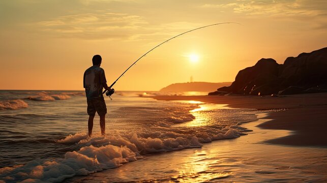 Skillfully maneuvering a fishing rod and reel combo as they cast their line into the depths. The anticipation builds as they wait for a fish to bite. Generated by AI.