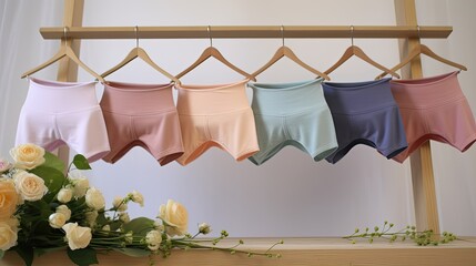 Softness and style of comfortable cotton panties in an array of pastel colors. The delicate fabrics and gentle hues come together to provide. Generated by AI.