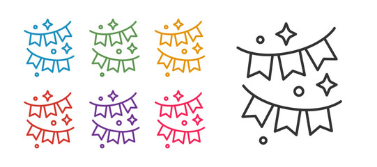Set line Carnival garland with flags icon isolated on white background. Party pennants for birthday celebration, festival and fair decoration. Set icons colorful. Vector