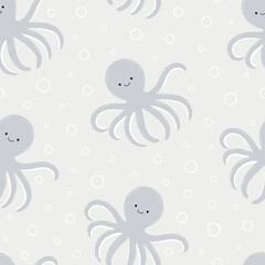 Seamless pattern with cute smiling octopuses. Vector.