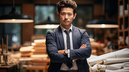 A young man in modern business-casual attire stands with folded arms in an architectural firm, the blueprint-filled workspace melting into a dreamy haze.