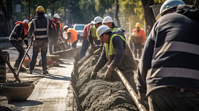 Construction progress as synchronized workers expertly pour and smooth a concrete floor, the controlled pouring and skilled manipulation of the concrete resulting. Generated by AI.