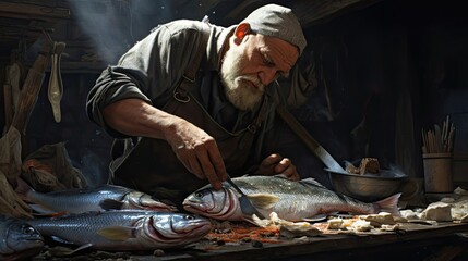 Fisherman meticulously cleaning and gutting a freshly caught fish, his hands deftly removing scales and entrails. Generated by AI.