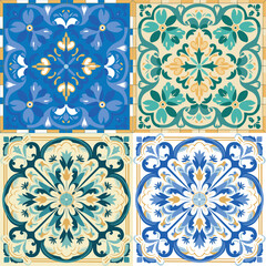 Decorative tiles in Italian or Portuguese style. Vintage floral and geometry patterns, monograms. Blue and green shades.