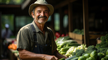 A farmer in overalls proudly stands in front of a fresh, green haze of organic vegetables at a local stand. - obrazy, fototapety, plakaty