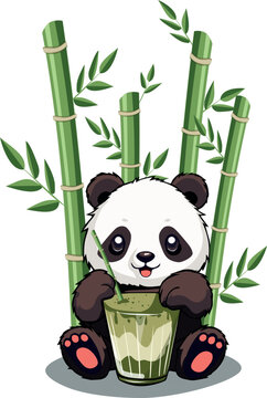 A cute cartoon panda drinks greens matcha from a glass glass through a straw on a background of bamboo. Vector illustration.