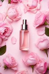 Obraz na płótnie Canvas Skin care face serum bottle surrounded by pink rose flowers