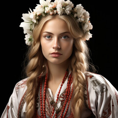 Studio shot of a Latvian woman in traditional Saule costume for summer solstice.