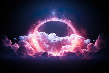 Background illustration of abstract clouds in dark night sky illuminated with neon rings, 3d rendering background illustration of pink clouds in night sky, favorite background illustration for women, 