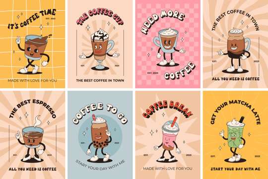 Retro poster with coffee mascot, cartoon characters, funny colorful doodle style characters, cappuccino, cocoa, latte, espresso, matcha, bobba. Vector groovy characters on colorful background