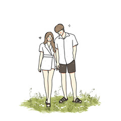 set of couple boy and girl picnic in garden illustrator style on white background