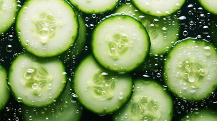 Fresh green cucumber slices with water drops background. Vegetables backdrop. Generative AI - obrazy, fototapety, plakaty