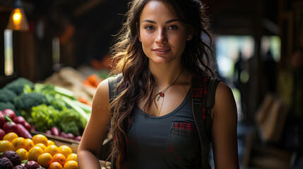 A farm producer in a checkered shirt stands proudly at a vibrant local farmers market, with fresh produce as a colorful backdrop.