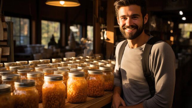 A honey producer stands proudly in a bustling honey shop surrounded by golden jars and bee products.