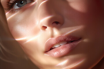 A close-up portrait of a young Caucasian woman with flawless skin, exuding elegance and sensuality.