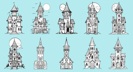 Fototapeta premium Halloween towers coloring page elements