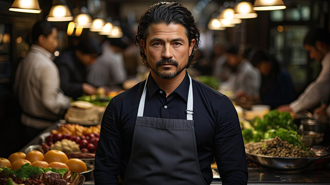 A business-casual chef stands in a bustling kitchen, blending culinary action into a flavorful backdrop.