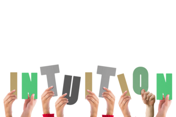 Digital png illustration of hand with intuition text on transparent background