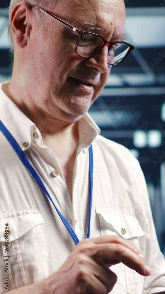 Aufkleber vertical video aged professional navigating network of server units in industrial hub. technician wi