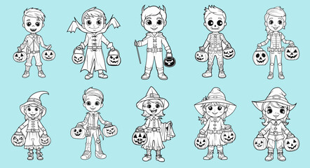 Halloween trick or treat coloring page elements