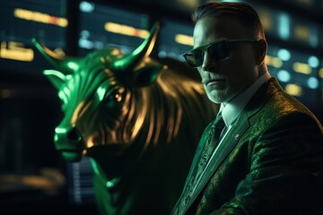 Bull in business suite trading green bull run,printspace,copyspace, Generative AI.