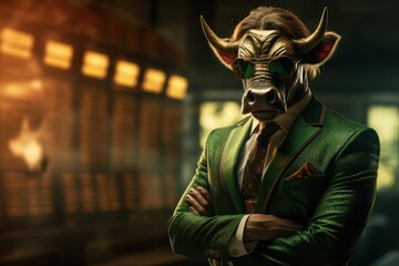 Bull in business suite trading green bull run,printspace,copyspace, Generative AI.
