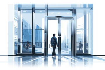 Businessman walking through the doorway, an open door filled with sunlight, enter the positive world. Generative AI.
